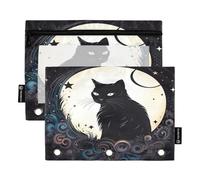 RPLIFE Astuccio per matite per raccoglitore a 3 anelli, confezione da 2 sacchetti con cerniera con finestra trasparente, forniture per il ritorno a scuola, 25 cm × 17 cm, gatto luna vintage nero