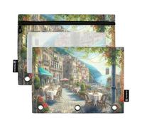 RPLIFE Astuccio per matite per raccoglitore a 3 anelli, confezione da 2 sacchetti con cerniera con finestra, materiale per il ritorno a scuola, 24 cm × 17 cm, paesaggio urbano caffè