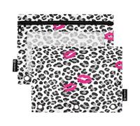 RPLIFE Astuccio per matite per raccoglitore a 3 anelli, confezione da 2 sacchetti con cerniera con finestra trasparente, materiale per il ritorno a scuola, 25 cm × 17 cm, pois neri grigi leopardati