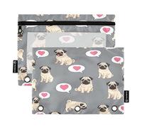 RPLIFE Astuccio per matite per raccoglitore a 3 anelli, confezione da 2 tasche con cerniera con finestra, forniture per il ritorno a scuola, 25 cm × 17 cm, carino carlino cuore grigio