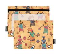 RPLIFE Astuccio per penne a 3 anelli con finestra trasparente, confezione da 2 astucci morbidi per ragazze e bambini, articoli per la scuola, 24 cm × 17 cm, donne africane colorate