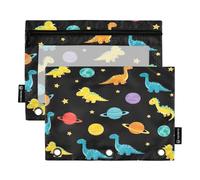 RPLIFE Astuccio per penne con cerniera con finestra trasparente, confezione da 2 astucci per matite per ragazze e bambini, materiale scolastico, 24 cm x 17 cm, dinosauri, pianeti, stelle, nero