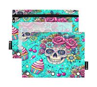 RPLIFE Astuccio per penne con finestra trasparente, confezione da 2 astucci con cerniera per ragazzi, materiale scolastico per bambini, 9,8 "× 7", Sugar Skull Cupcake Teal