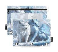 RPLIFE Astuccio per raccoglitori a 3 anelli, confezione da 2, astuccio morbido con cerniera con occhielli, materiale per il ritorno a scuola, 24,9 × 17,8 cm, drago ciano lupo bianco