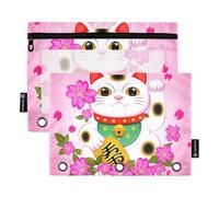 RPLIFE Astuccio per raccoglitori a 3 anelli, confezione da 2, astuccio morbido con cerniera con occhielli, elementi essenziali per il rientro a scuola, 24 × 17 cm, carino Maneki Neko rosa