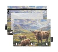 RPLIFE Astuccio per raccoglitori a 3 anelli, confezione da 2, astuccio morbido con occhielli, materiale per il ritorno a scuola, 24 cm × 17 cm, montagne scozzesi delle mucche delle Highland