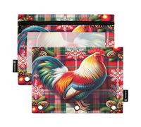 RPLIFE Astuccio per raccoglitori a 3 anelli, confezione da 2, astuccio morbido piatto, materiale per il ritorno a scuola, 24,9 × 17,8 cm, motivo tartan rosso natalizio con gallo