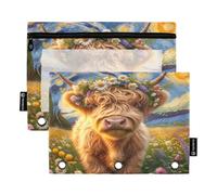 RPLIFE Astuccio per raccoglitori a 3 anelli, confezione da 2, astuccio morbido trasparente con occhielli, elementi essenziali per il rientro a scuola, 24,9 × 17,8 cm, carino Highland Cow Starry Night