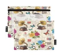 RPLIFE Astuccio per raccoglitori a 3 anelli, confezione da 2 sacchetti con cerniera con finestra trasparente, materiale per il ritorno a scuola, 9,8 "× 7" in, grammofono vintage ornato parigino