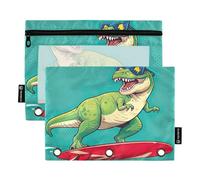 RPLIFE Astuccio per raccoglitori a 3 anelli, confezione da 2 sacchetti con cerniera con finestra trasparente, materiale per il ritorno a scuola, 25 cm × 17 cm, verde freddo dinosauro Rex verde acqua
