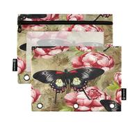 RPLIFE Astuccio per raccoglitori a 3 anelli, confezione da 2 sacchetti con cerniera con finestra trasparente, materiale per il ritorno a scuola, 25 cm × 17 cm, fiori rossi farfalla nera