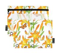 RPLIFE Astuccio per raccoglitori a 3 anelli, confezione da 2, tasca per raccoglitore con cerniera in morbido PVC, elementi essenziali per il ritorno a scuola, 24 × 17 cm, gigli gialli arancioni