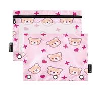 RPLIFE Astuccio per raccoglitori a tre fori con finestra trasparente, confezione da 2 astucci per matite per ragazzi e bambini, articoli per la scuola, 24 cm × 17 cm, rosa pastello con orsetti carini