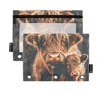 RPLIFE Astuccio per raccoglitori a tre fori con finestra trasparente, confezione da 2 astucci per matite per ragazzi e bambini, materiale scolastico, 24,9 × 17,8 cm, simpatiche mucche Highland marrone