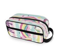 RPLIFE Beauty case da viaggio rosa a righe con unicorni carini per uomo donna grande borsa per il trucco ampia aperta custodia da viaggio resistente all'acqua