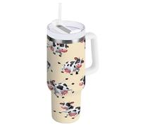 RPLIFE Bicchiere beige con mucche bianche e nere con manico e cannuccia, bottiglia in acciaio inox, bicchieri con coperchi e cannucce