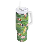 RPLIFE Bicchiere colorato con foglie di loto verde Koi Fish da 40 once, bicchiere in acciaio inox con cannuccia, bicchiere da tè