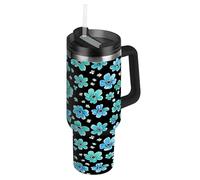 RPLIFE Bicchiere con coperchio e cannuccia, 1,18 l, isolato, in acciaio inox, per uomo e donna, da viaggio, con fiori blu e verde acqua, bianco e nero