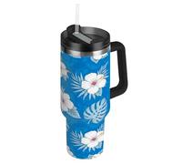 RPLIFE Bicchiere con coperchio e cannuccia, 1,18 l, tazza da caffè isolata in acciaio inox, per uomo e donna, da viaggio, fiori di ibisco bianco foglie tropicali blu