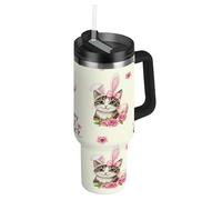RPLIFE Bicchiere con coperchio e cannuccia, 880,5 g, isolato, in acciaio inox, tazza da caffè per uomo e donna, da viaggio, con simpatici gatti e fiori rosa
