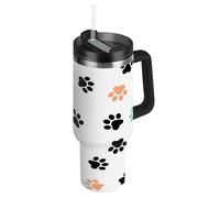 RPLIFE Bicchiere con coperchio e cannuccia, 880,5 g, tazza da caffè isolata in acciaio inox, per uomini e donne, da viaggio, impronte di zampe, nero