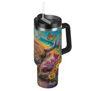RPLIFE Bicchiere con coperchio e cannuccia, 880,5 g, tazza da caffè isolata in acciaio inox, per uomo e donna, da viaggio, motivo: mucca delle Highland Rainbow