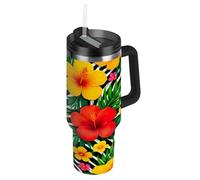 RPLIFE Bicchiere con fiori di ibisco tropicale con manico, 880,5 g, con cannuccia, in acciaio inox, per donne e uomini, da viaggio