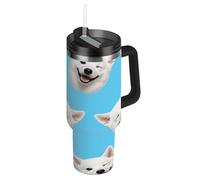 RPLIFE Bicchiere con manico, 1,18 l, tazza da caffè isolata in acciaio inox, per uomo e donna, da viaggio, con simpatico cane bianco blu