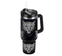 RPLIFE Bicchiere con manico e cannuccia, 1,18 l, isolato, in acciaio inox, per uomo e donna, da viaggio, nero bianco leopardato con occhi azzurri