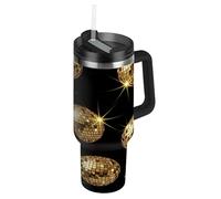 RPLIFE Bicchiere con manico e cannuccia, 880,5 g, bottiglia d'acqua isolata in acciaio inox con cannuccia, per uomini e donne, viaggi, palle da discoteca dorate lucide