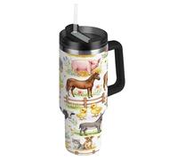 RPLIFE Bicchiere con manico e cannuccia, 880,5 g, isolato, in acciaio inox, tazza da caffè per uomo e donna, da viaggio, simpatici animali della fattoria dei cartoni animati