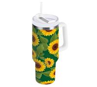 RPLIFE Bicchiere con petali di girasoli gialli con manico e cannuccia, bottiglia in acciaio inossidabile, bicchiere isolato, bicchieri da donna
