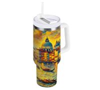 RPLIFE Bicchiere con pittura a olio Venezia con manico e cannuccia, bottiglia d'acqua in acciaio inox, tazze da caffè con coperchio riutilizzabile