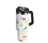 RPLIFE Bicchiere da caffè colorato con ananas bianco con manico, in acciaio inox, da 880,5 g, con coperchio, per donne e uomini, da viaggio