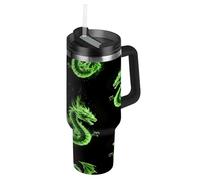 RPLIFE Bicchiere da caffè con coperchio e cannuccia, 880,5 g, isolato, in acciaio inox, per uomini e donne, da viaggio, drago verde nero
