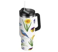 RPLIFE Bicchiere da caffè con manico bianco con motivo floreale primaverile ad acquerello, in acciaio inox, da 880,5 g, con coperchio, per donne e uomini, da viaggio