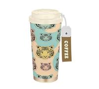 RPLIFE Bicchiere da caffè da 470 ml, con cannuccia e coperchio, rivestimento in ceramica, isolamento sottovuoto, a doppia parete, ritratti di tigre pastello
