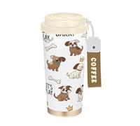 RPLIFE Bicchiere da caffè da 470 ml, con cannuccia e coperchio, rivestimento in ceramica, isolamento sottovuoto, in acciaio inox, da viaggio, a prova di perdite, con cani marroni e bianchi