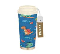 RPLIFE Bicchiere da caffè da viaggio da 470 ml, con cannuccia e coperchio a filp, rivestimento in ceramica, isolamento sottovuoto, a doppia parete, motivo: dinosauro dei cartoni animati per ascoltare