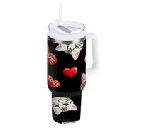 RPLIFE Bicchiere da caffè nero a forma di cuore con gatto, con manico, bicchiere in acciaio inox, tazza con coperchio e cannuccia
