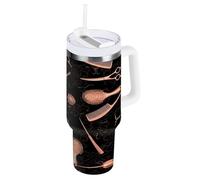 RPLIFE Bicchiere da caffè nero con manico a forma di forbici color oro rosa, con manico, tazza da caffè in acciaio inox, bicchiere isolante con cannuccia, bicchieri da donna