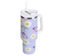 RPLIFE Bicchiere da caffè viola pastello con farfalle, bottiglia d'acqua in acciaio inox, con cannuccia