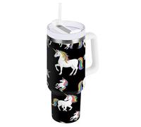 RPLIFE Bicchiere da donna con simpatico unicorno bianco nero, 1,18 l, con manico e cannuccia, in acciaio inox con cannuccia, bicchieri da donna