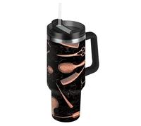 RPLIFE Bicchiere per acqua con manico nero con forbici e pettine per capelli, in acciaio inox, 1,18 l, con cannuccia, per donne e uomini, da viaggio
