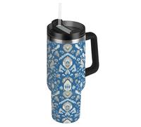 RPLIFE Bicchiere tradizionale blu floreale con coperchio e cannuccia, 880,5 g, isolato, in acciaio inox, tazza da caffè per uomo e donna da viaggio