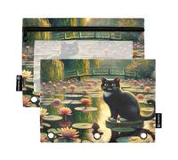 RPLIFE Black Cat Water Lilies 3 fori Punch Zipper Pouch con finestra trasparente, confezione da 2 astucci per matite per bambini forniture scolastiche per bambini, 24,9 × 17,8 cm (taglia unica x 2)