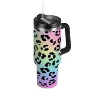 RPLIFE Borraccia termica in acciaio inox con cannuccia, da 880,5 g, con motivo leopardato, arcobaleno pastello, per uomo e donna, da viaggio