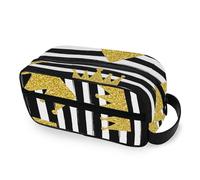 RPLIFE Borsa cosmetica da bagno a strisce bianche nere con corone dorate Custodia resistente all'acqua Borsa organizer portatile per trucco per le donne