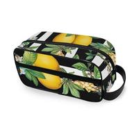 RPLIFE Borsa per il trucco da bagno con limoni gialli a righe nere e bianche, organizer resistente all'acqua, borse cosmetiche portatili con ampia apertura per le donne