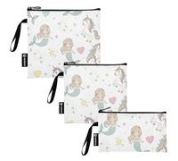 RPLIFE Borsa per snack e sandwich con motivo con sirenette e unicorni, riutilizzabile, lavabile, con cerniera, per studenti (set da 3: S/M/L)